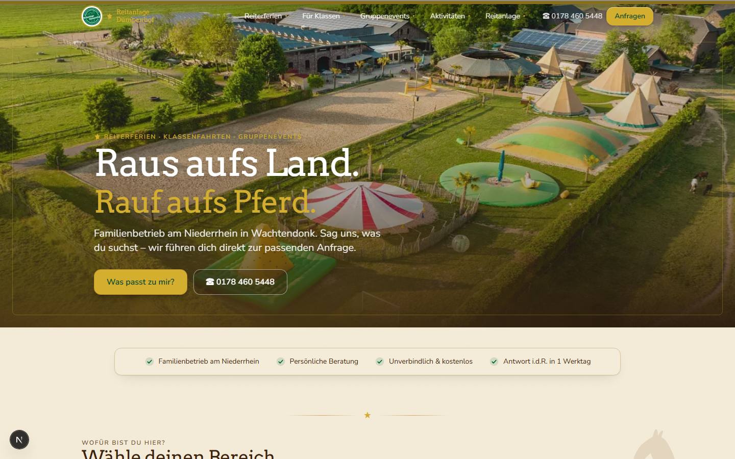 Echte öffentliche Dümpenhof-Webseite in der Desktopansicht
