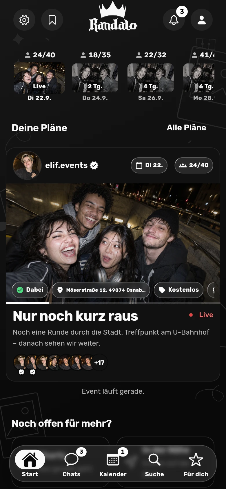 Randalo: echte mobile Startseite mit fiktiven Events und KI-generierten Bildern.