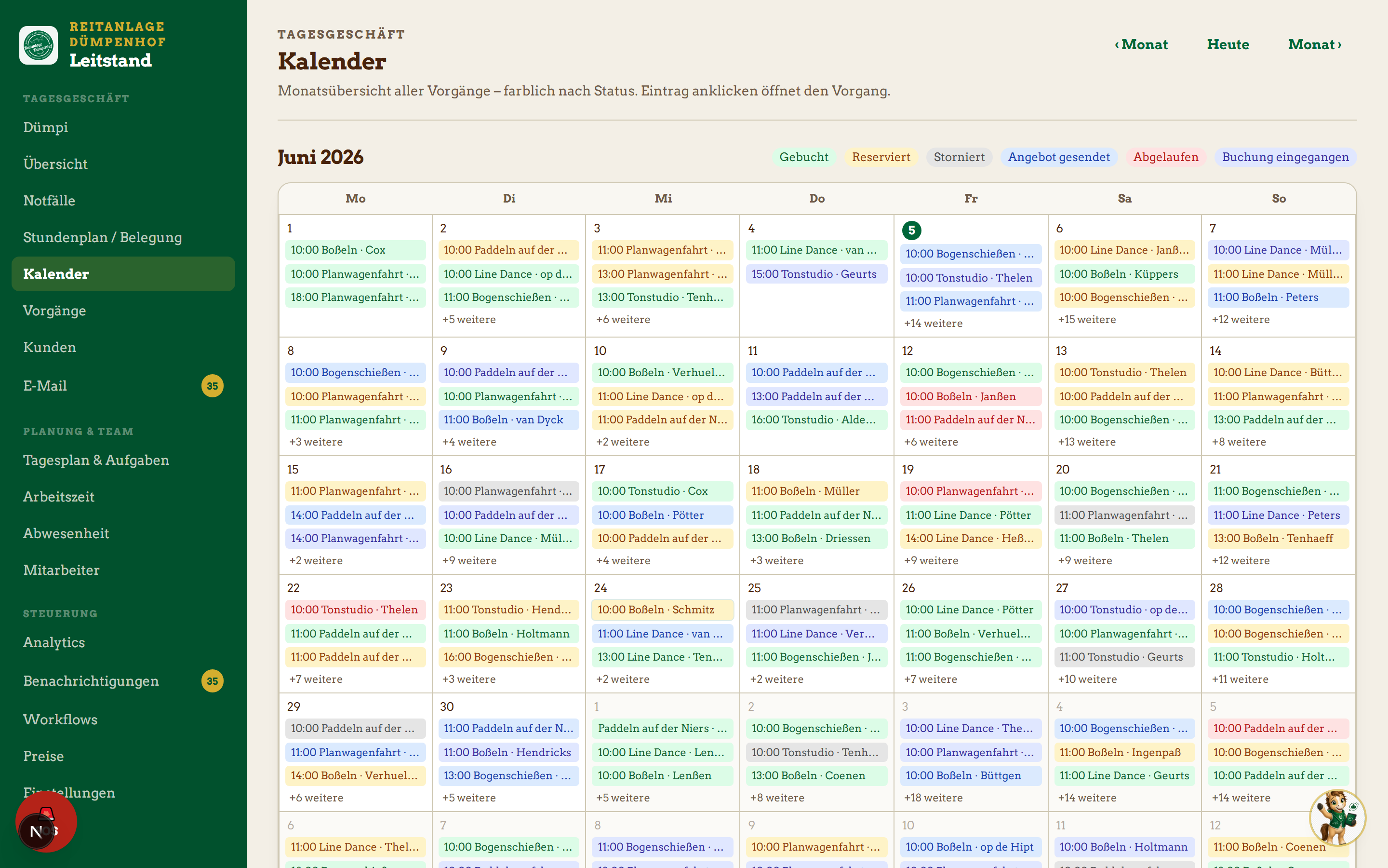 Realer Dümpenhof-Kalender mit fiktiven Terminen und Kapazitäten