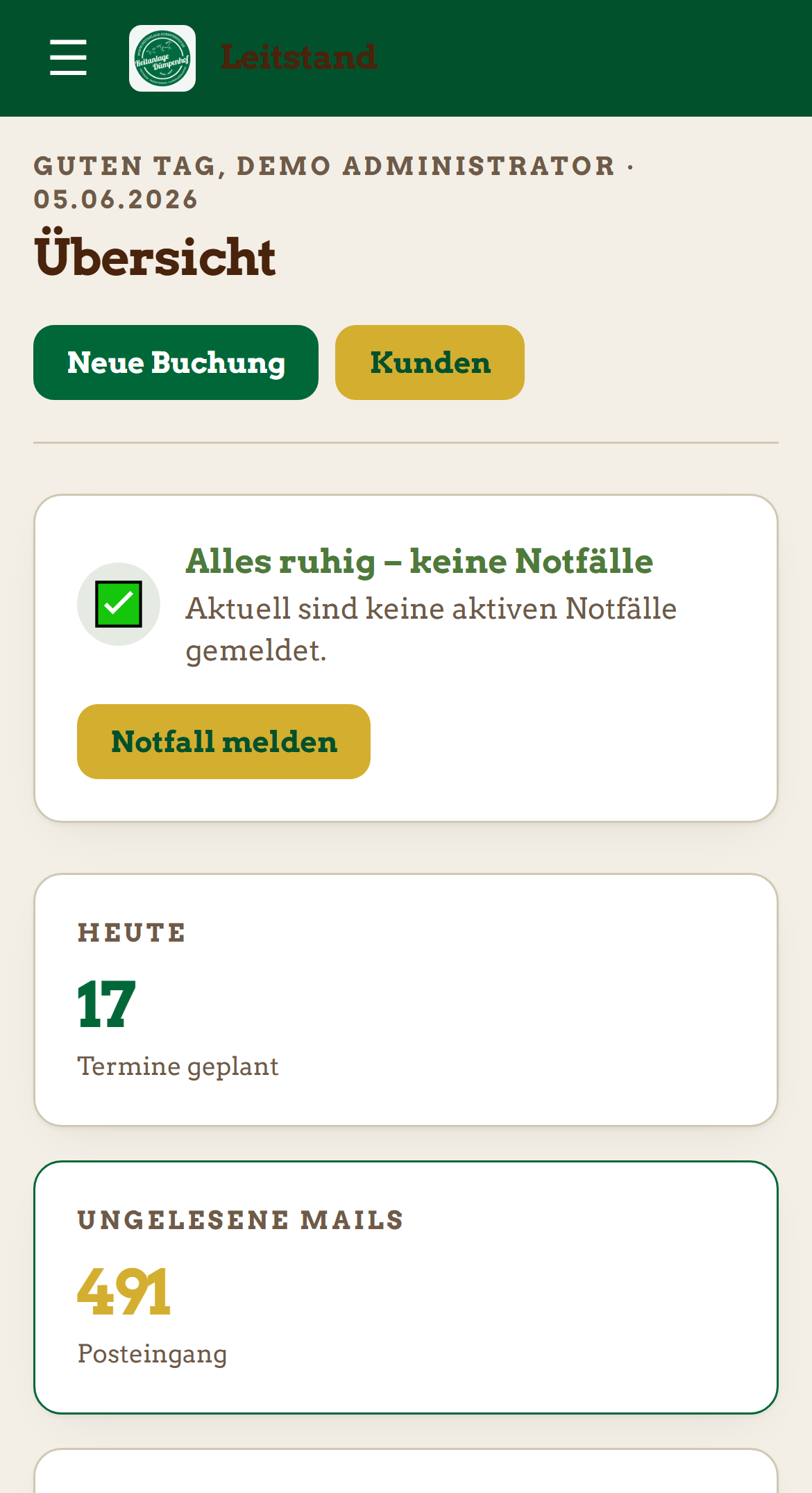 Realer mobiler Dümpenhof-Leitstand mit Musterdaten