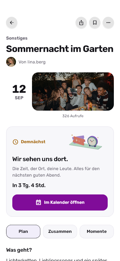 Randalo: Eventdetails im hellen Design. Originalaufnahme mit fiktiven Demodaten.