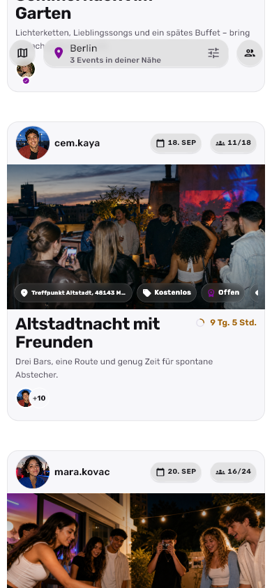 Randalo: Events entdecken im hellen Design. Originalaufnahme mit fiktiven Demodaten.