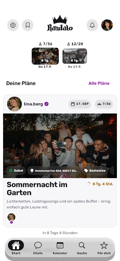 Randalo: Startseite im hellen Design. Originalaufnahme mit fiktiven Demodaten.