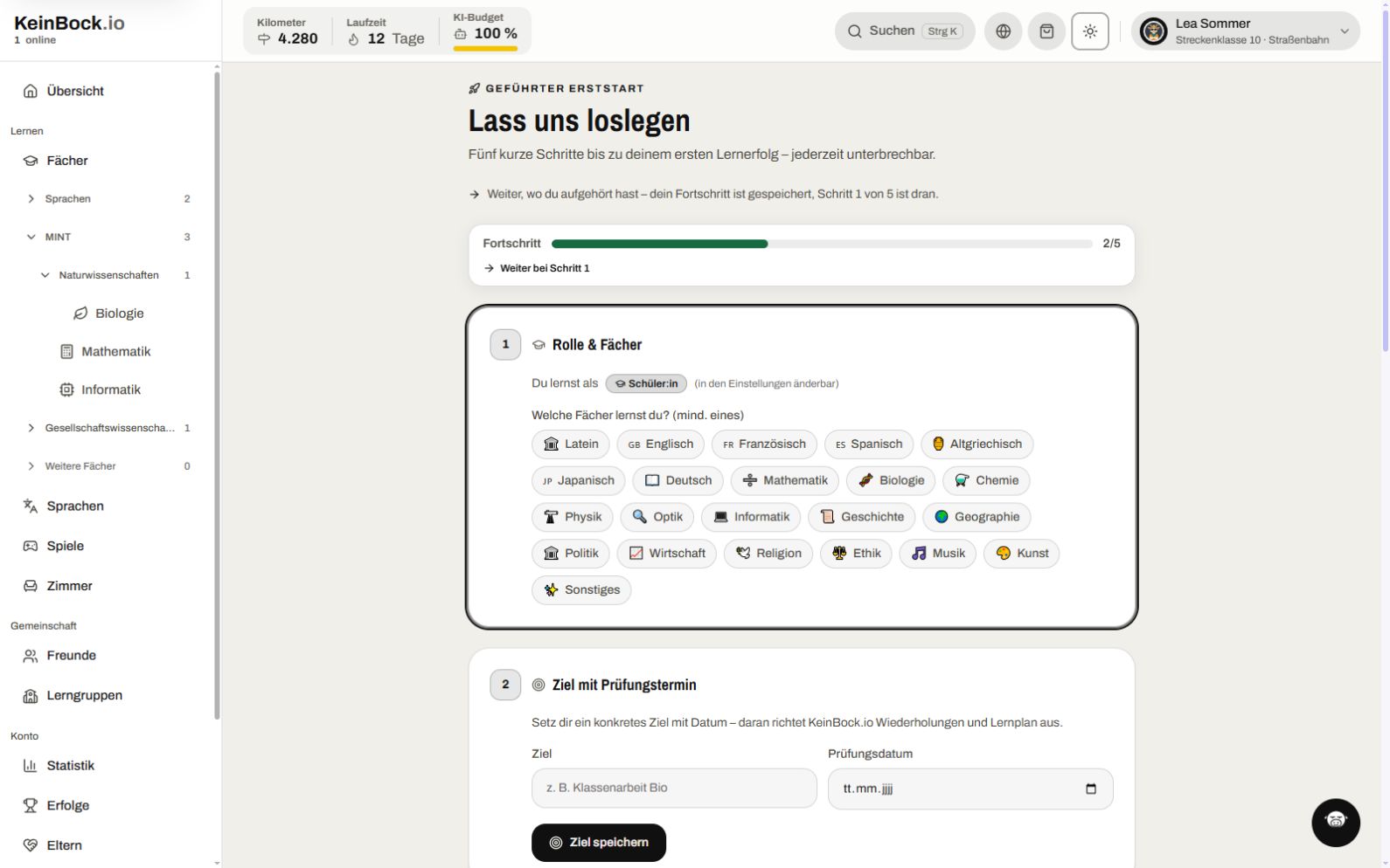 KeinBock.io: Geführter Erststart. Original-Screenshot mit fiktiven Musterdaten