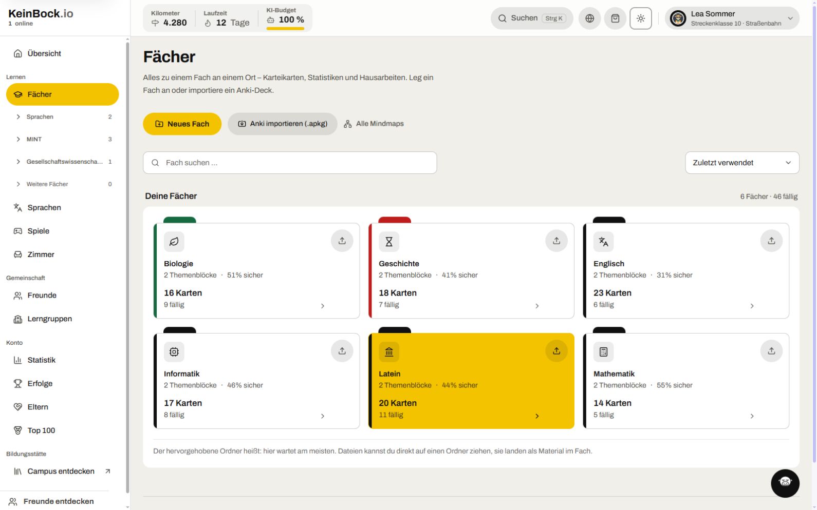 KeinBock.io: aktuelle Fächerübersicht mit fiktiven Lerndaten
